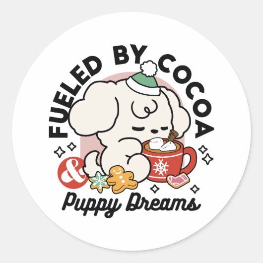 Fueled by Cocoa and Puppy Dreams – Cute Winter Dog ラウンドシール (正面)