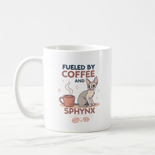 Fueled by Coffee and Sphynx Cat Art コーヒーマグカップ (左)