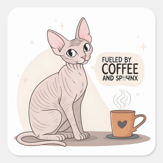 Fueled by Coffee and Sphynx Cat Illustration スクエアシール (正面)