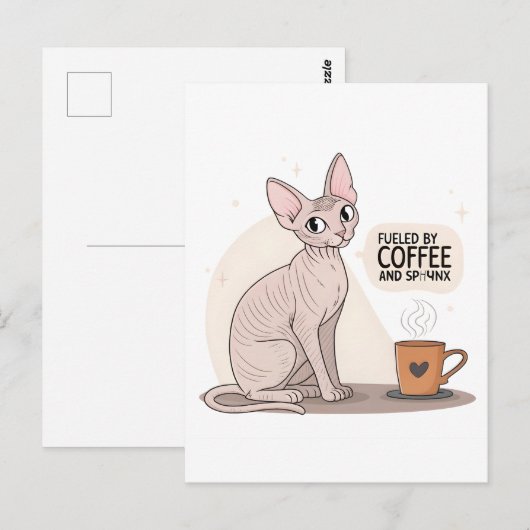 Fueled by Coffee and Sphynx Cat Illustration ポストカード (正面/裏面)