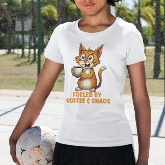 Fueled By Coffee & Chaos, Funny Cat With Coffee Tシャツ