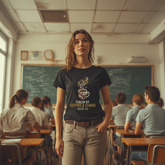 Fueled by Coffee & Chaos – Funny Teacher Life Tシャツ