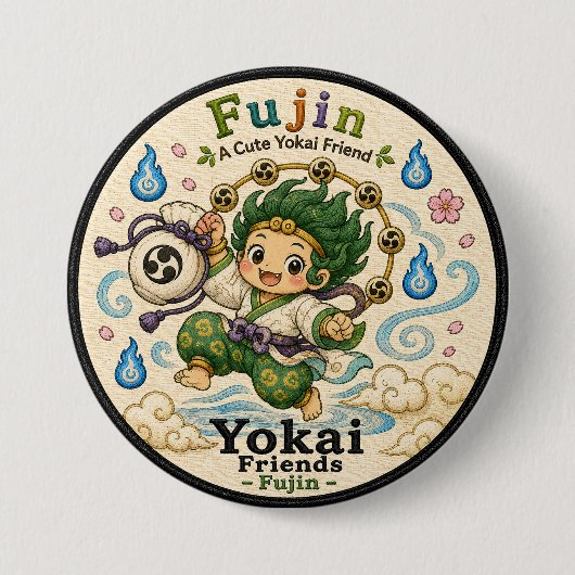 Fujin Japanese Wind God Yokai Pin Button 缶バッジ (正面)