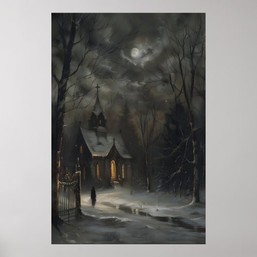 Full Moon Church in Snow Art Print Dark Academia ポスター (正面)
