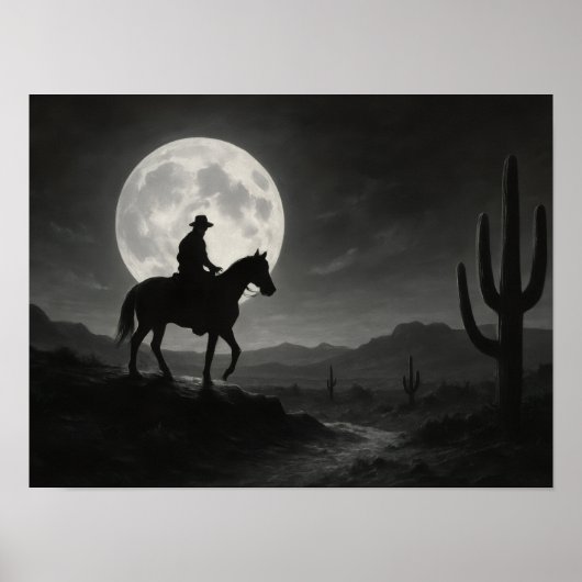 Full Moon Desert Print - Silver Night Western ポスター (正面)