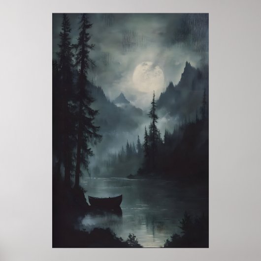 Full Moon Mountain Lake Art Dark Woodland Moody ポスター (正面)