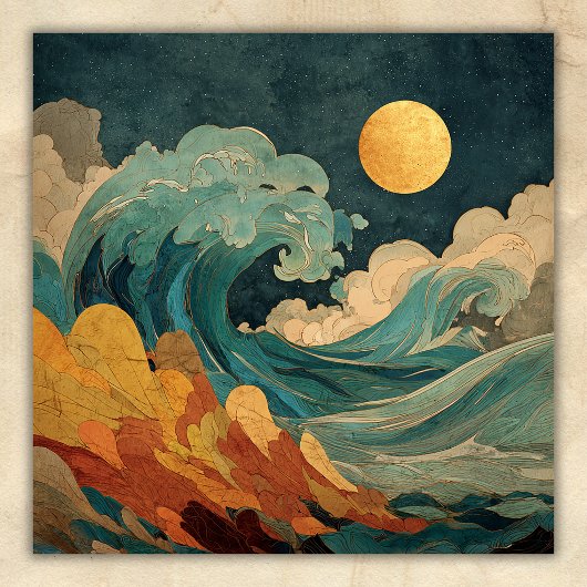 Full Moon Ocean Waves – Abstract Coastal Beach ポスター