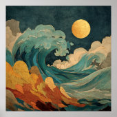 Full Moon Ocean Waves – Abstract Coastal Beach ポスター (正面)