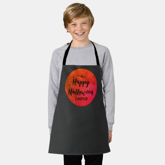 Full Moon Orange Black  Typography Happy Halloween エプロン (着用した状態)