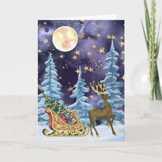 Full Moon Over Reindeer With Sleigh カード (正面)