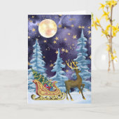 Full Moon Over Reindeer With Sleigh カード (黄色い花)