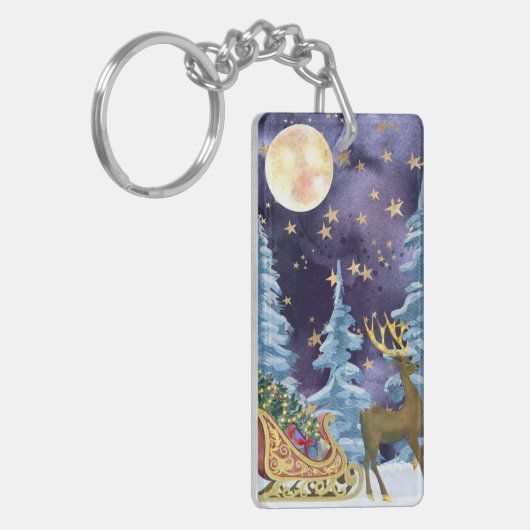 Full Moon Over Reindeer With Sleigh キーホルダー (正面左)
