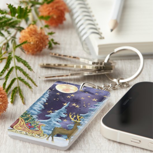 Full Moon Over Reindeer With Sleigh キーホルダー (正面右)