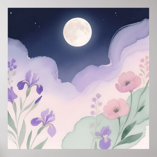 Full Moon Watercolor Iris Floral Night ポスター (正面)