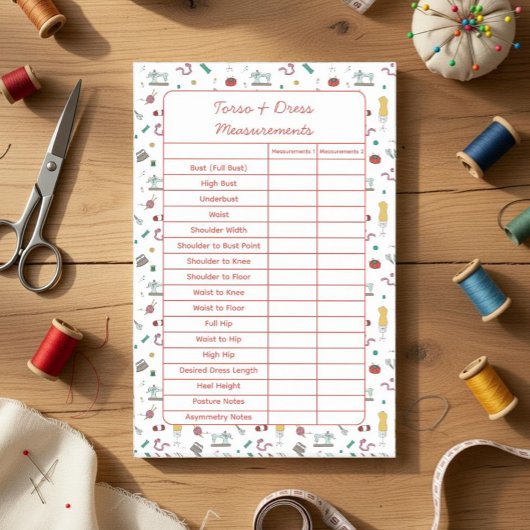 Fully Customizable Body Measurements Chart Notepad ポストイット