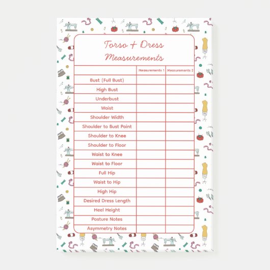 Fully Customizable Body Measurements Chart Notepad ポストイット (正面)