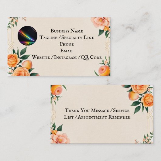 Fully editable Elegant Peach Floral Business Card 名刺 (正面/裏面)