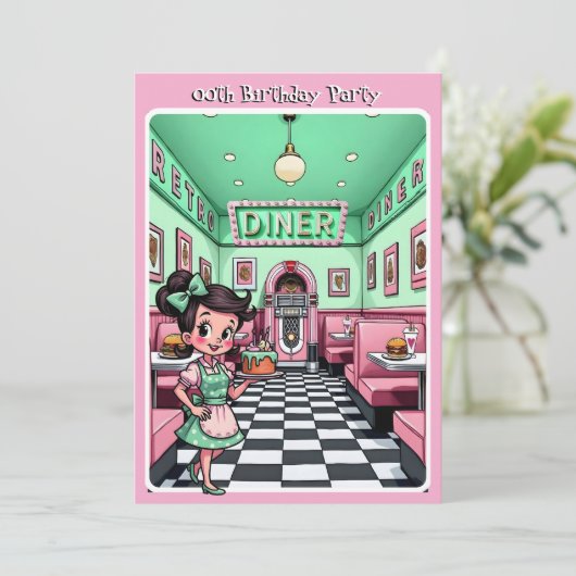 Fun 1950s Diner Birthday Cake Mint Pink 招待状 (スタンド正面)