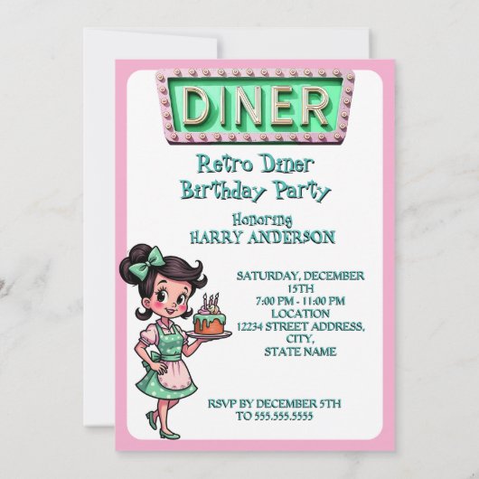 Fun 1950s Diner Birthday Cake Mint Pink 招待状 (裏面)
