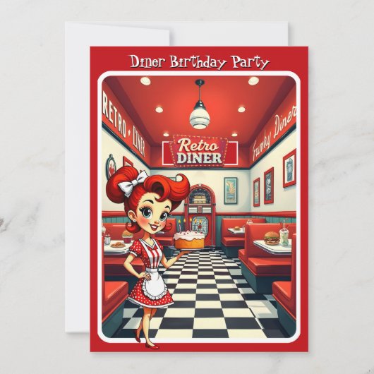 Fun 1950s Retro Diner Birthday Cake Red 招待状 (正面)