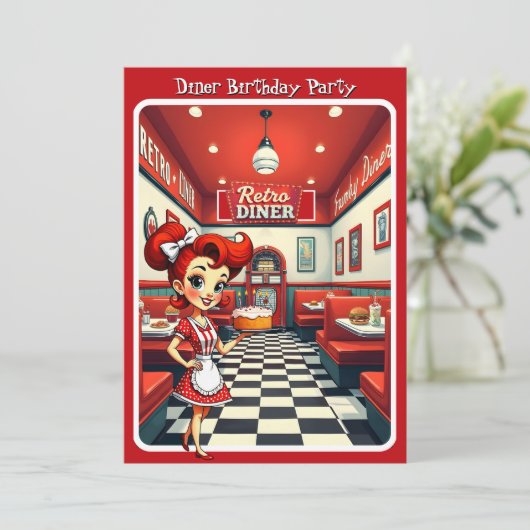 Fun 1950s Retro Diner Birthday Cake Red 招待状 (スタンド正面)