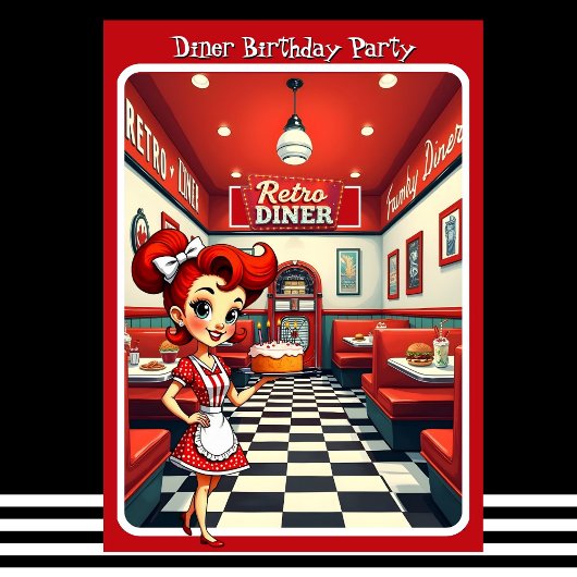 Fun 1950s Retro Diner Birthday Cake Red 招待状