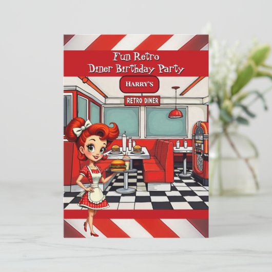 Fun 1950s Retro Diner Birthday Party Red White 招待状 (スタンド正面)