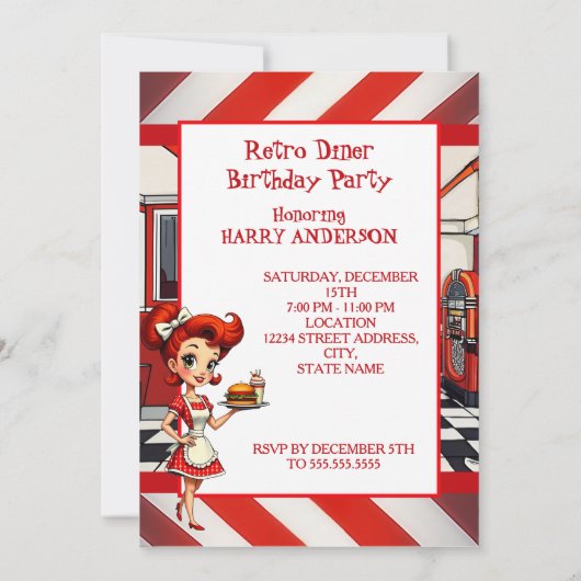 Fun 1950s Retro Diner Birthday Party Red White 招待状 (裏面)