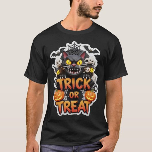 Fun 3D Halloween graphic with spooky black cat pum Tシャツ (正面)