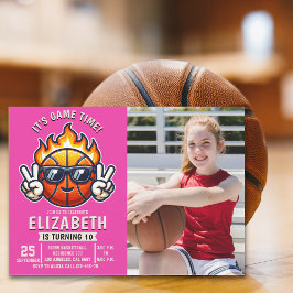Fun Basketball Birthday Girl with photo 招待状