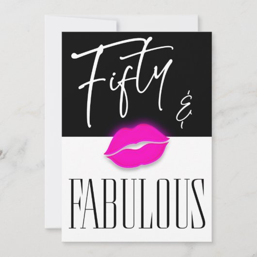 Fun Black White Fifty Fabulous Pink Lips Birthday 招待状 (正面)