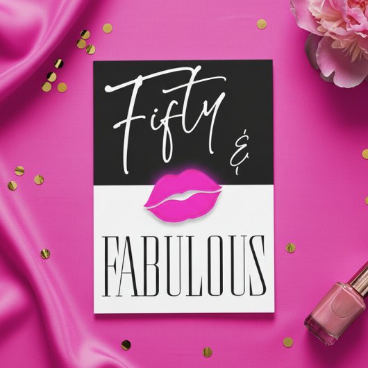 Fun Black White Fifty Fabulous Pink Lips Birthday 招待状