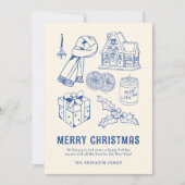 Fun Blue Doodle Non-Photo Christmas シーズンカード (正面)