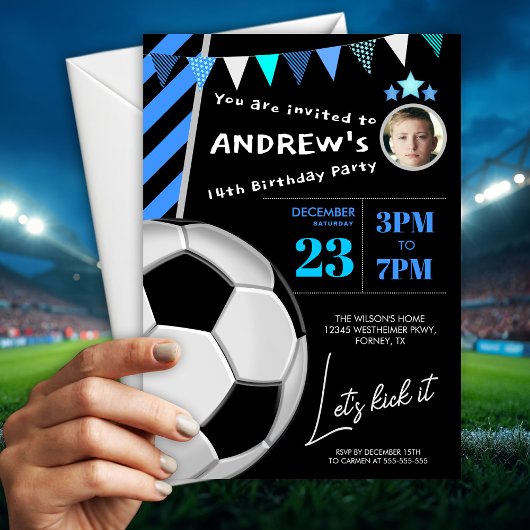 Fun Blue Soccer Birthday Party Invitation 招待状