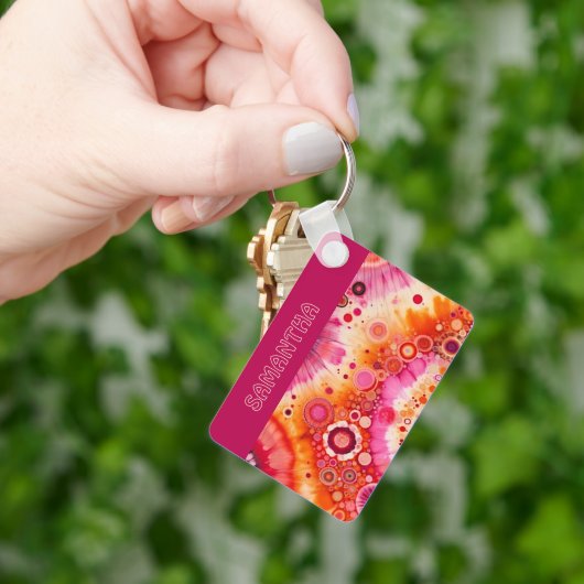 Fun Bold Orange Hot Pink Batik Circles Art Pattern キーホルダー (手)