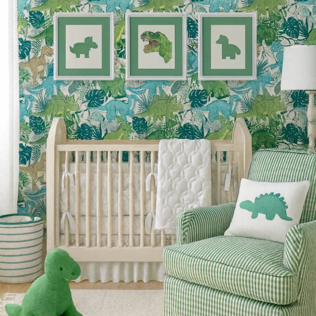 Fun Boys Dinosaurs Blue Green Seamless  壁紙 (Dinosaur wallpaper in fresh blues and greens creates a bold, playful focal wall for a modern nursery)