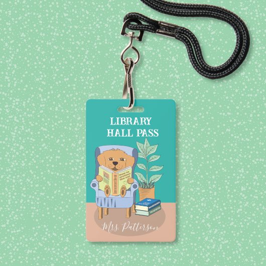 Fun Cartoon Reading Dog Library Hall Pass Badge バッジ
