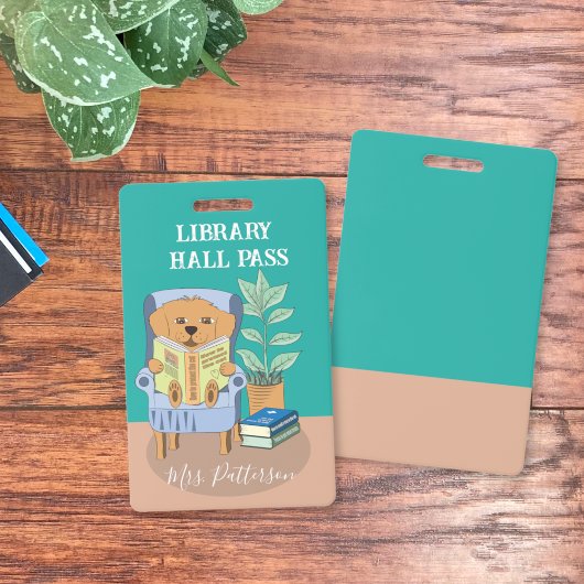 Fun Cartoon Reading Dog Library Hall Pass Badge バッジ