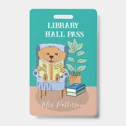 Fun Cartoon Reading Dog Library Hall Pass Badge バッジ (正面)