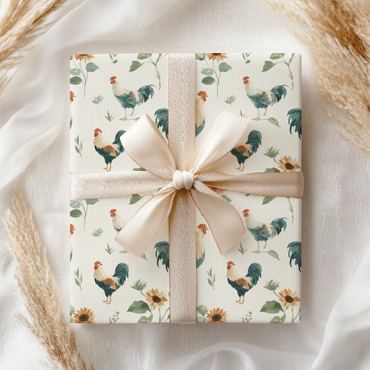 Fun Chicken Rooster Sunflower ラッピングペーパー