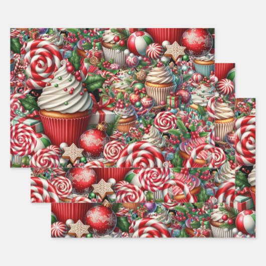 Fun Christmas Cupcakes Red Stripe Canes ラッピングペーパーシート (セット)