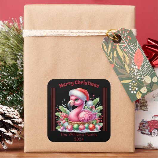 Fun Christmas flamingo with a personalized touch スクエアシール (クリスマス)