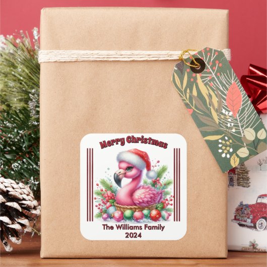 Fun Christmas flamingo with a personalized touch w スクエアシール (クリスマス)