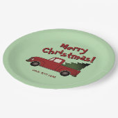 Fun Christmas party plates with red truck and tree ペーパープレート (アングル)