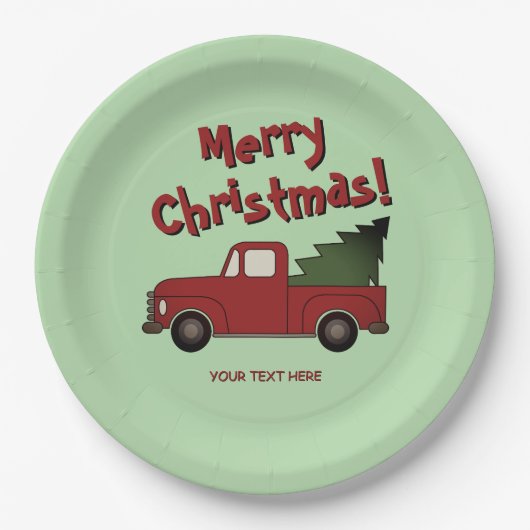 Fun Christmas party plates with red truck and tree ペーパープレート (正面)