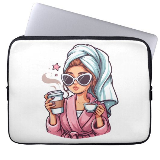 Fun Coffee Girl in a Robe Electronics Bag ラップトップスリーブ (正面)