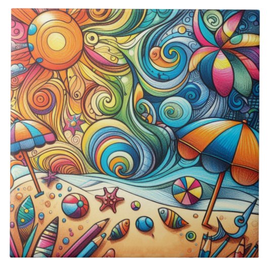 FUN COLORFUL SWIRLS BEACH SCENE タイル (正面)