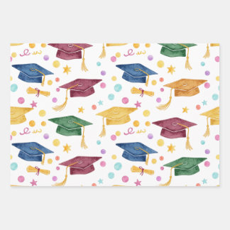 Fun Confetti and Caps Graduation Cap Motif Wrap ラッピングペーパーシート