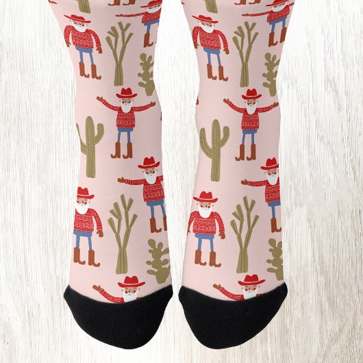 Fun Cowboy Santa Claus Western Christmas Pink ソックス
