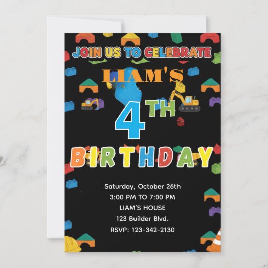 Fun Customizable Construction Birthday Invitation 招待状 (正面)